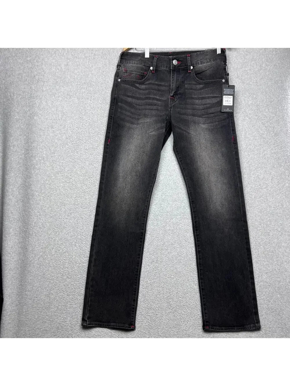 True Religion Ricky Relax Straight Jeans W31 L34 Black Red Stitch Y2K Baggy New